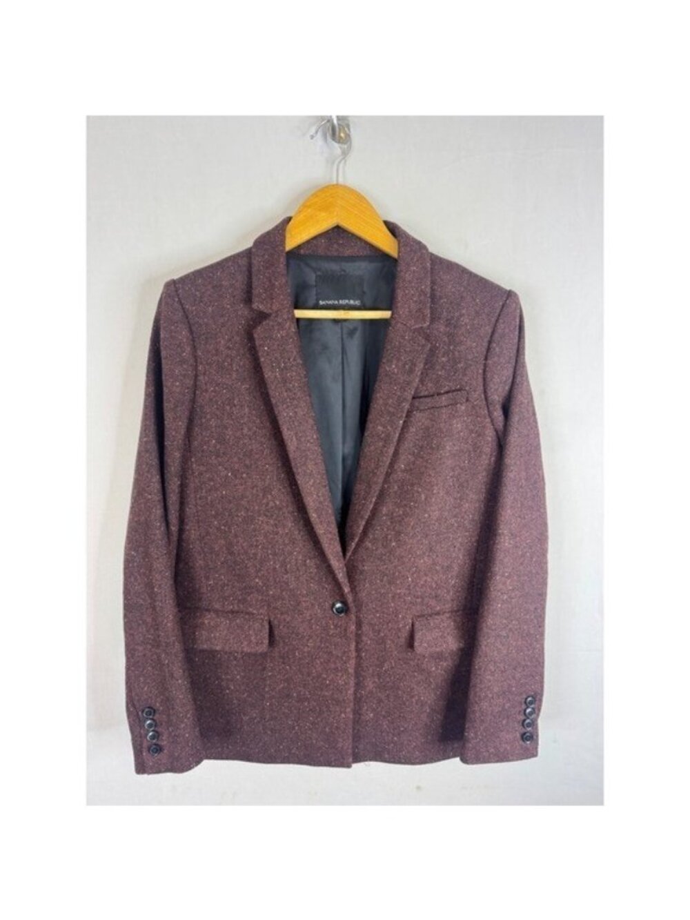Banana Republic Burgundy Herringbone Wool Blend Single Button Blazer Size 10
